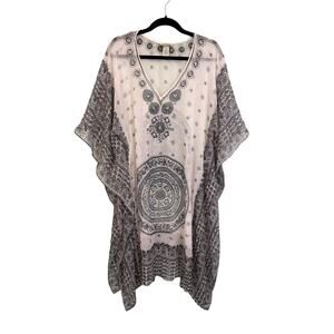 Joolay Kaftan Swimsuit Cover Up Womens L/XL White V-Neck Sheer Beachwear Boho